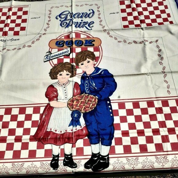 VTG Fabric Panel Apron Blue Ribbon Cooking Barbecue Grand Prize Cut and Sew - Picture 1 of 4